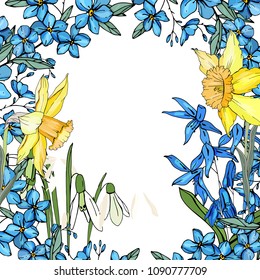 Frame with spring flowers daffodils and and small blue flowers. Decorative season floral frame for festive design