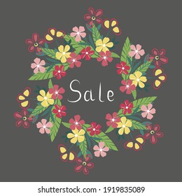 Frame with spring flowers and the inscription, sale on a dark background