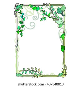 frame spring green leaves, ornament, modern flower vector illustration,  stained glass window