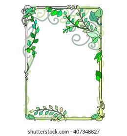 frame spring green leaves, ornament, modern flower vector illustration,  stained glass window