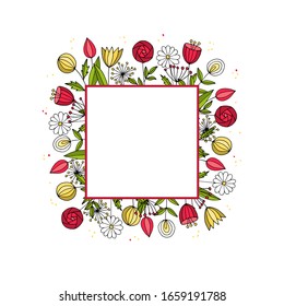 Frame of spring and summer flowers drawn by hand. Vector illustration.