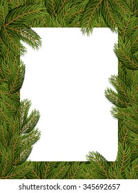 Frame spruce branch. fir-Tree frame for text. White sheet in leaves of tree. 