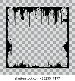 The frame is square and black paint is dripping off it. Empty space for an image, painting, postcard or photograph.  Modern vector illustration of square template. Simple mockup of dripping liquid.
