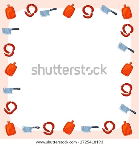 Frame square border rounded butcher theme, cutting board, sausage and cleaver