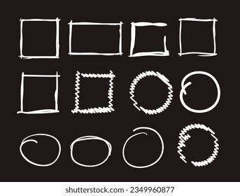 Frame square brush sketch white chalk outline isolated set. Vector flat graphic design illustration
