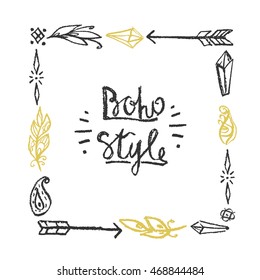 Frame square drawn in chalk in bo ho style. Fashion hippie elements for your design.