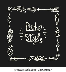 Frame square drawn in chalk in boho style. Fashion hippie elements for your design.