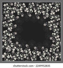 Frame Square Flower Monochrome Pattern for Hijab, Bandana, Scarf, Wedding Invitation, Fabric, Textile