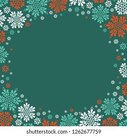 frame square multicolored snowflakes on green background