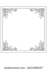 Frame square with plant elements, vignette with leaves and shoots - linear vector changeable template for designing images or text. Frame linear square with plants corners