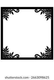 Frame square with plant elements, vignette with leaves and shoots - silhouette vector template for designing images or text. Frame silhouette square with plants corners for cutting
