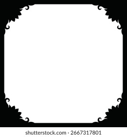 Rahmenquadrat mit Pflanzenelementen, Vignette mit Blumen - Silhouette Vektorvorlage zum Gestalten von Bildern oder Text. Rahmen Silhouette Quadrat mit Pflanzen Ecken zum Schneiden