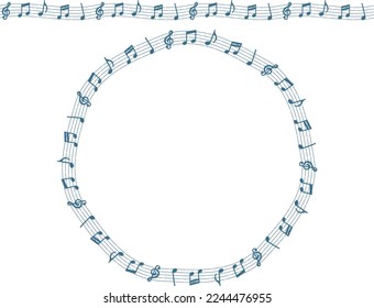 A frame of the staff notation of the treble clef and musical note symbol drawn with a blue dashed line on the theme of music