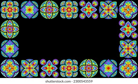 Frame with stained-glass window in gothic style. Medieval mosaic tile texture.