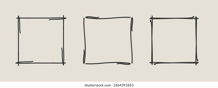 Conjunto de carimbo quadro, vetor mão desenhada curvas bordas, abstrato esboço vazio ondulado grunge doodle monogramas cadres kit. Elementos minimalistas de design rabisco. Isolado. Ilustração vetorial.
