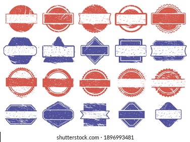 Timbres-cadres. Badges rabais texture grunge, marques encadrées texture en caoutchouc. Bannières en caoutchouc, ensemble d'illustrations vectorielles. Colonnes de bordure rouge et bleue rayées vides avec place pour texte