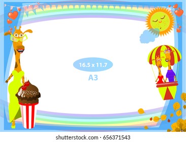 Frame. Standard size in inches. A format. Horizontal orientation of the sheet. Illustration for your design. Giraffe flying to the sun.