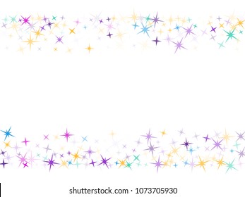 Frame Of Star Sparkle Texture Glitter Pattern. Trendy Colored Confetti Of Flying Stars, Magic Geometric Sparkles Stardust Vector Background Card Border. Party Design With Starburst.