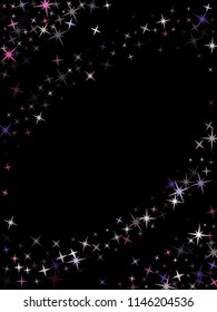Frame of star sparkle texture glitter pattern. Stylish colored confetti of flying stars, magic geometric sparkles stardust vector background card border. Birthday party design.