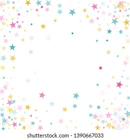 Frame of star sparkle texture glitter pattern. Trendy colored confetti of flying stars, magic geometric sparkles stardust vector background frame. New Year party design.