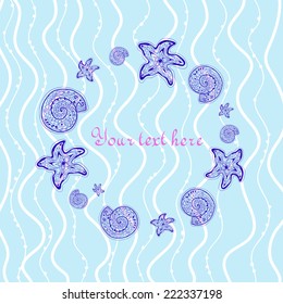 frame with starfish and seashells