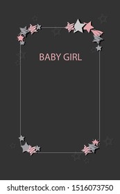 
Frame with starry sky elements. Gray background with pink stars. For girl. Suitable for cards, greetings, invitations.