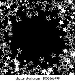 Frame of Stars. Black and White Starry Background. Doodle Pattern for Card, Banner, Poster. Childish Cute Border with Primitive Doodles