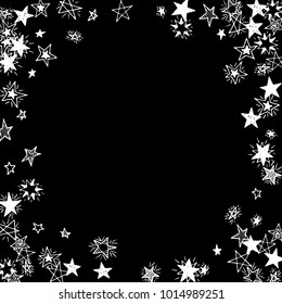 Frame of Stars. Black and White Starry Background. Doodle Pattern for Card, Banner, Poster. Childish Cute Border with Primitive Doodles