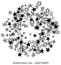 Frame of Stars. Black and White Starry Background. Doodle Pattern for Card, Banner, Poster. Childish Cute Border with Primitive Doodles