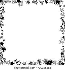 Frame of Stars. Black and White Starry Background. Doodle Pattern for Card, Banner, Poster. Childish Cute Border with Primitive Doodles