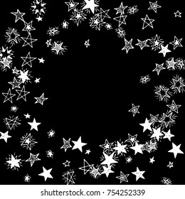 Frame of Stars. Black and White Starry Background. Doodle Pattern for Card, Banner, Poster. Childish Cute Border with Primitive Doodles