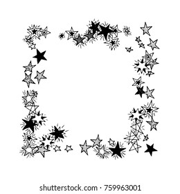 Frame of Stars. Black and White Starry Background. Doodle Pattern for Card, Banner, Poster. Childish Cute Border with Primitive Doodles