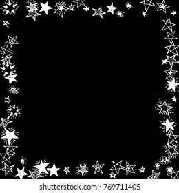 Frame of Stars. Black and White Starry Background. Doodle Pattern for Card, Banner, Poster. Childish Cute Border with Primitive Doodles