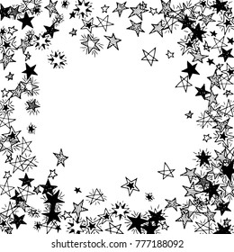 Frame of Stars. Black and White Starry Background. Doodle Pattern for Card, Banner, Poster. Childish Cute Border with Primitive Doodles