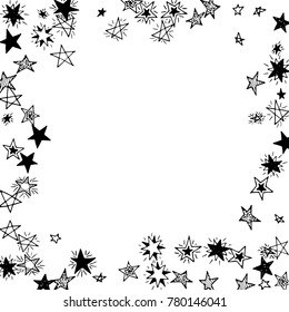 Frame of Stars. Black and White Starry Background. Doodle Pattern for Card, Banner, Poster. Childish Cute Border with Primitive Doodles