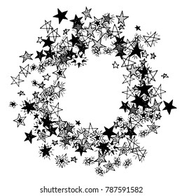 Frame of Stars. Black and White Starry Background. Doodle Pattern for Card, Banner, Poster. Childish Cute Border with Primitive Doodles