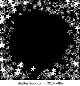 Frame of Stars. Black and White Starry Background. Doodle Pattern for Card, Banner, Poster. Childish Cute Border with Primitive Doodles