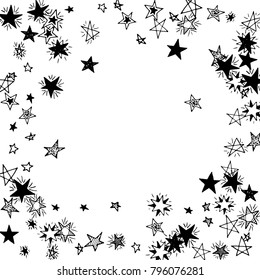 Frame of Stars. Black and White Starry Background. Doodle Pattern for Card, Banner, Poster. Childish Cute Border with Primitive Doodles