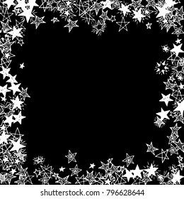 Frame of Stars. Black and White Starry Background. Doodle Pattern for Card, Banner, Poster. Childish Cute Border with Primitive Doodles