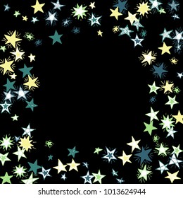 Frame of Stars. Dark Starry Background. Doodle Pattern for Card, Banner, Poster. Childish Cute Border with Primitive Doodles
