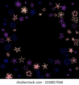 Frame of Stars. Dark Starry Background. Doodle Pattern for Card, Banner, Poster. Childish Cute Border with Primitive Doodles