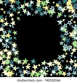Frame of Stars. Dark Starry Background. Doodle Pattern for Card, Banner, Poster. Childish Cute Border with Primitive Doodles