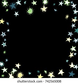 Frame of Stars. Dark Starry Background. Doodle Pattern for Card, Banner, Poster. Childish Cute Border with Primitive Doodles