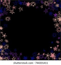 Frame of Stars. Dark Starry Background. Doodle Pattern for Card, Banner, Poster. Childish Cute Border with Primitive Doodles