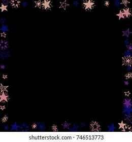 Frame of Stars. Dark Starry Background. Doodle Pattern for Card, Banner, Poster. Childish Cute Border with Primitive Doodles