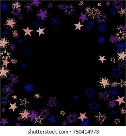 Frame of Stars. Dark Starry Background. Doodle Pattern for Card, Banner, Poster. Childish Cute Border with Primitive Doodles