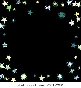 Frame of Stars. Dark Starry Background. Doodle Pattern for Card, Banner, Poster. Childish Cute Border with Primitive Doodles