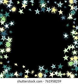 Frame of Stars. Dark Starry Background. Doodle Pattern for Card, Banner, Poster. Childish Cute Border with Primitive Doodles