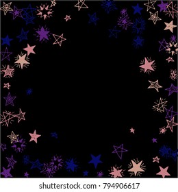 Frame of Stars. Dark Starry Background. Doodle Pattern for Card, Banner, Poster. Childish Cute Border with Primitive Doodles