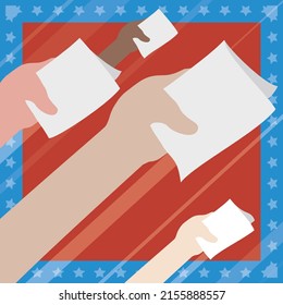 Frame with stars and red center, with hands holding folded votes ready to suffrage